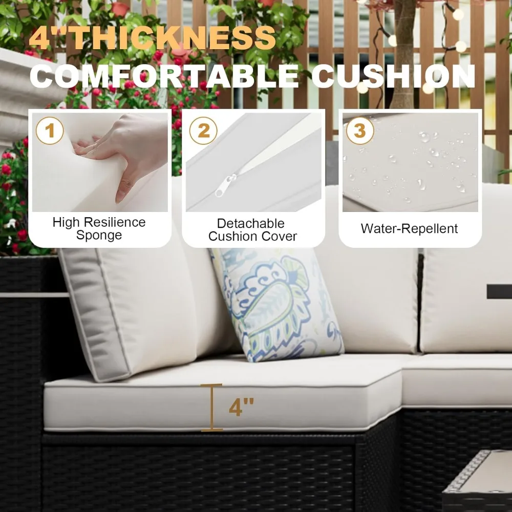 مجموعة أثاث الفناء مع طاولة حفرة النار 28 بوصة، مجموعة محادثة أثاث خارجي مكونة من 8 قطع مع وسائد وأريكة مقطعية من الخوص #5