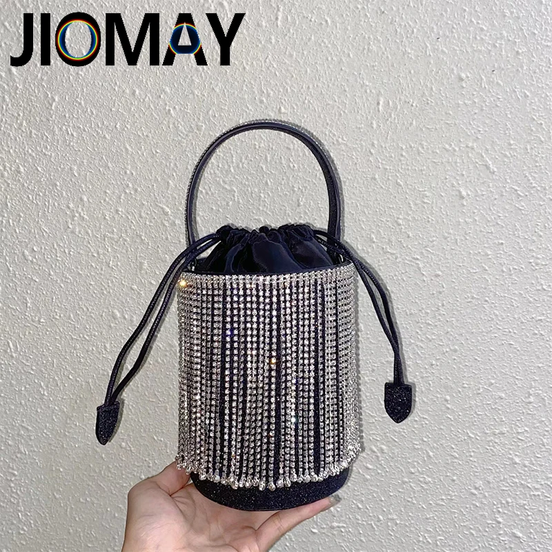 JIOMAY Fashion Evening Bags Luxury Designer Bucket Bag Rhinestone Tassel Womens Handbags Portable Purses for Women