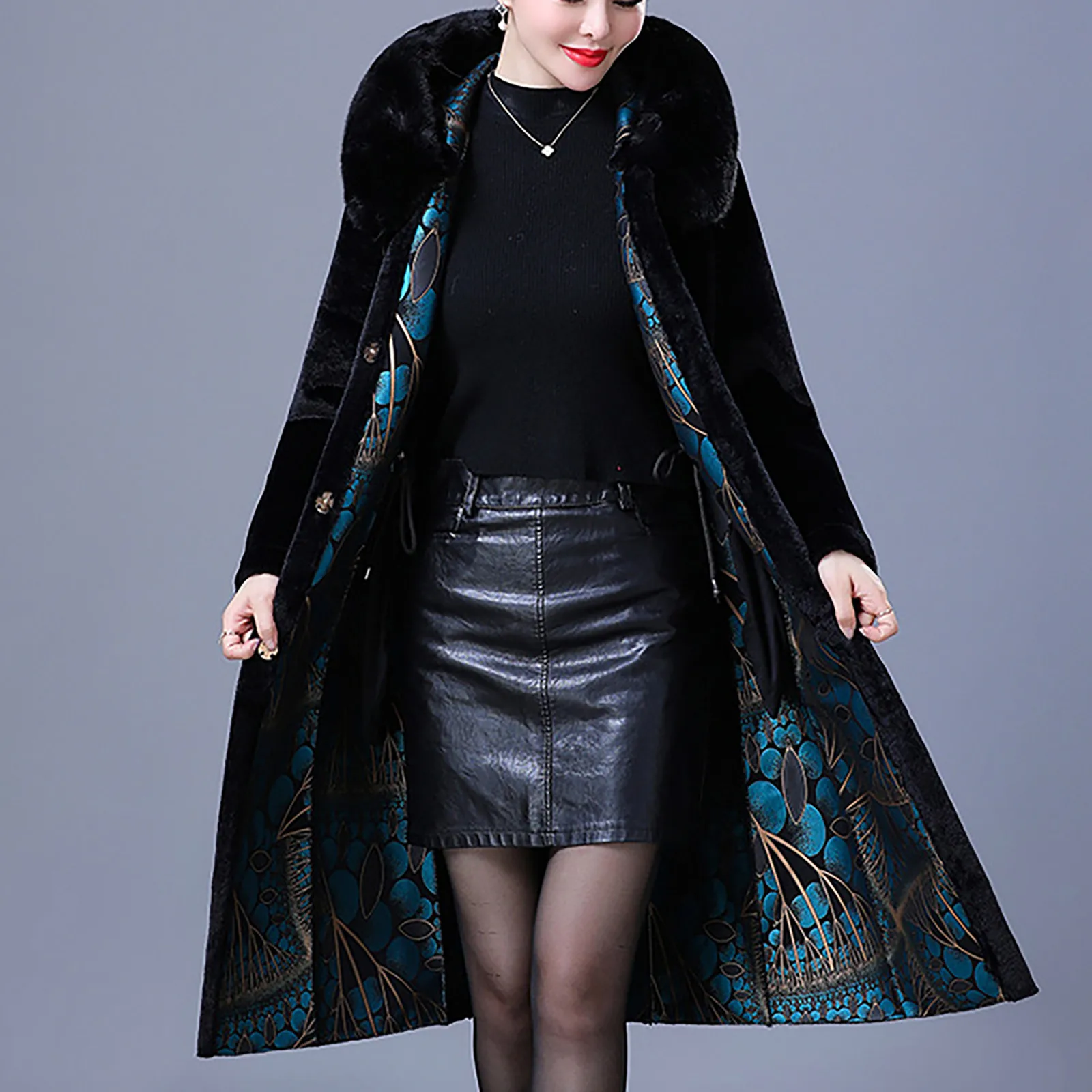 

Only One Faux Suede Coat For Women Long Warm Down Jacket Winter Reversible Faux Fur-Lined Coat For Middle-Aged And Elderly Women