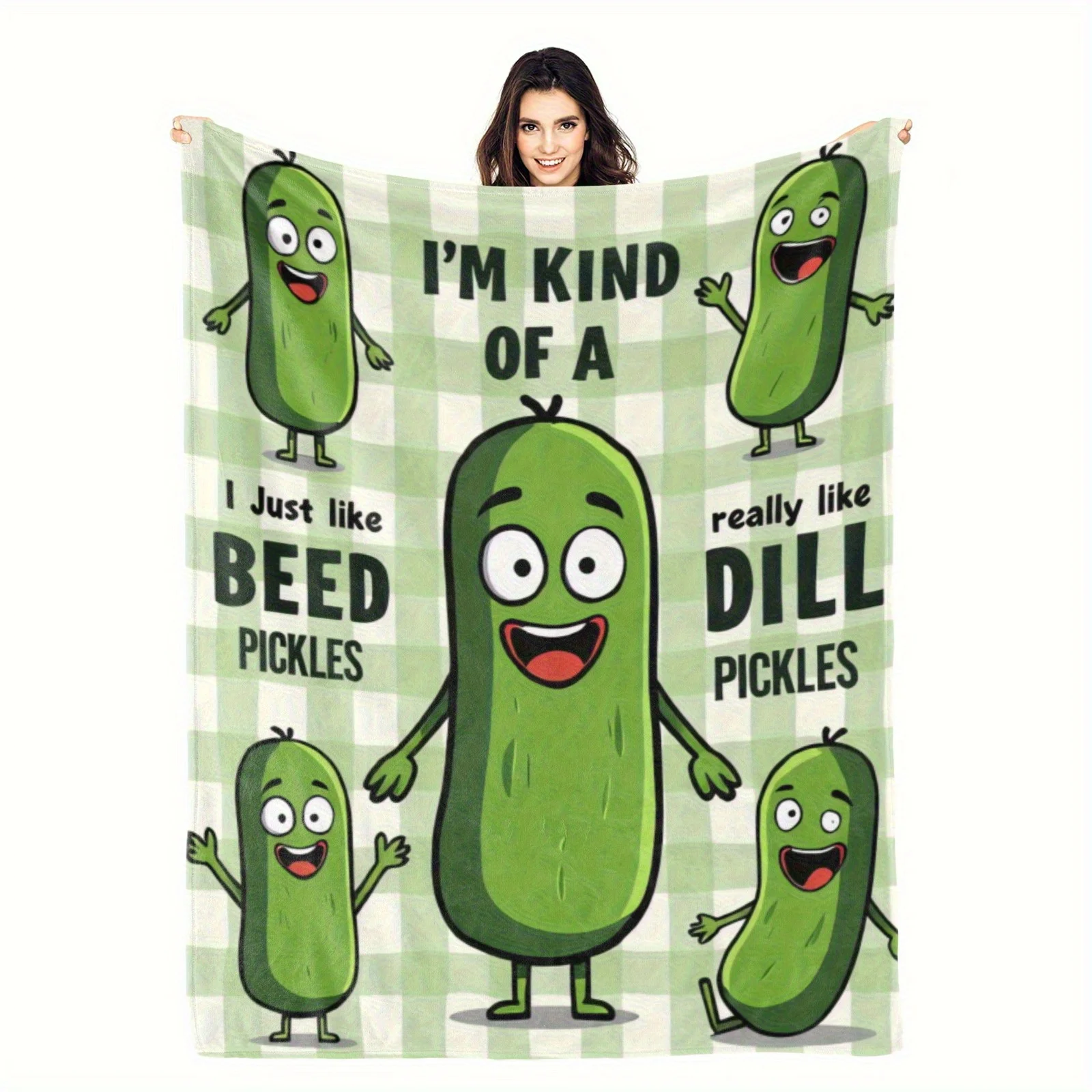 Manta suave de franela de doble cara con personajes juguetones de Kimchi y frase "I'm Kind of A Beed Dill", diseño de cuadros verdes, máquina