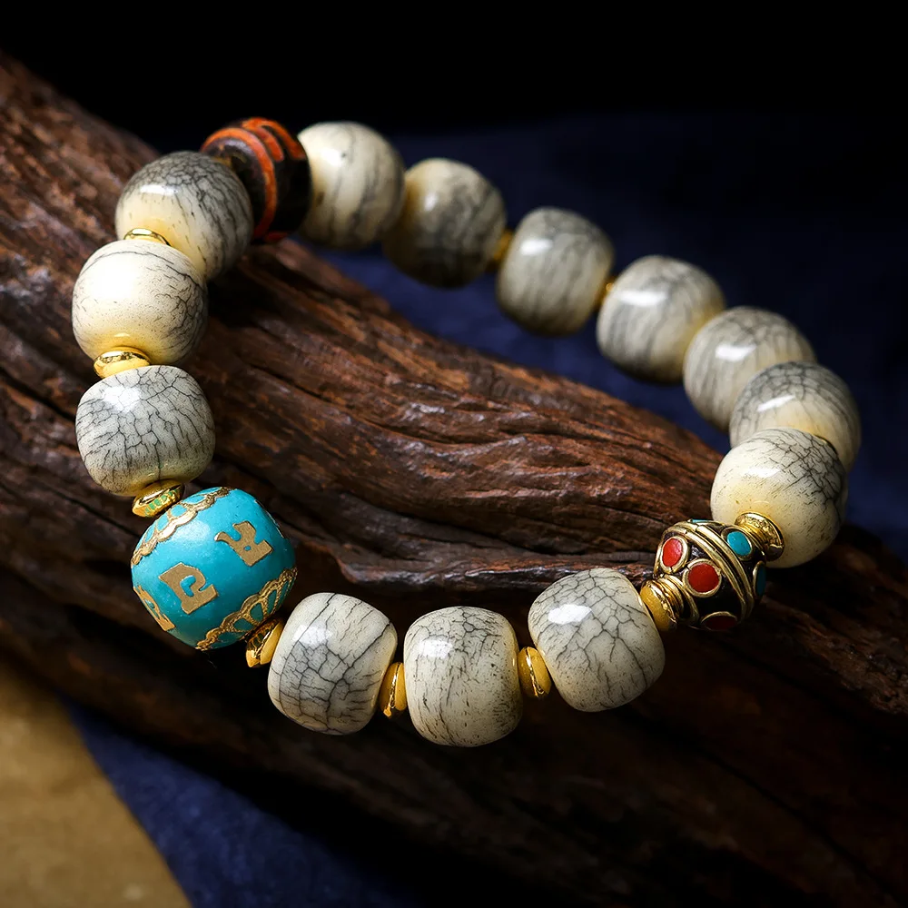 Cracked Yak Bone Barrel Bead Bracelet with Nepal Style Accessories and Swastika Dzi Bead Ethnic Style Jewelry Gifts