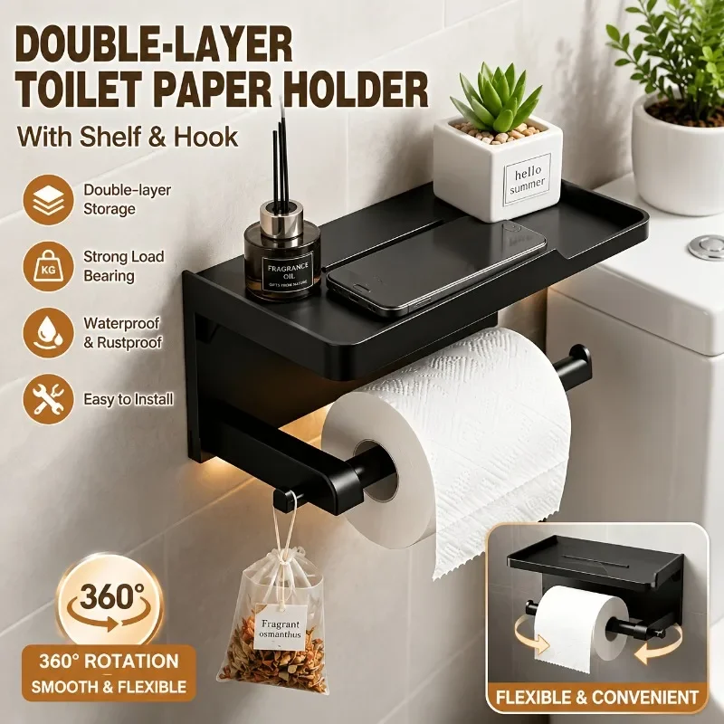 1 PCS Hook Free Non Drilling Toilet Paper Holder, Self-Adhesive Wall Mounted Tissue Roll Holder Bathroom  Anti Rust Storage Rack