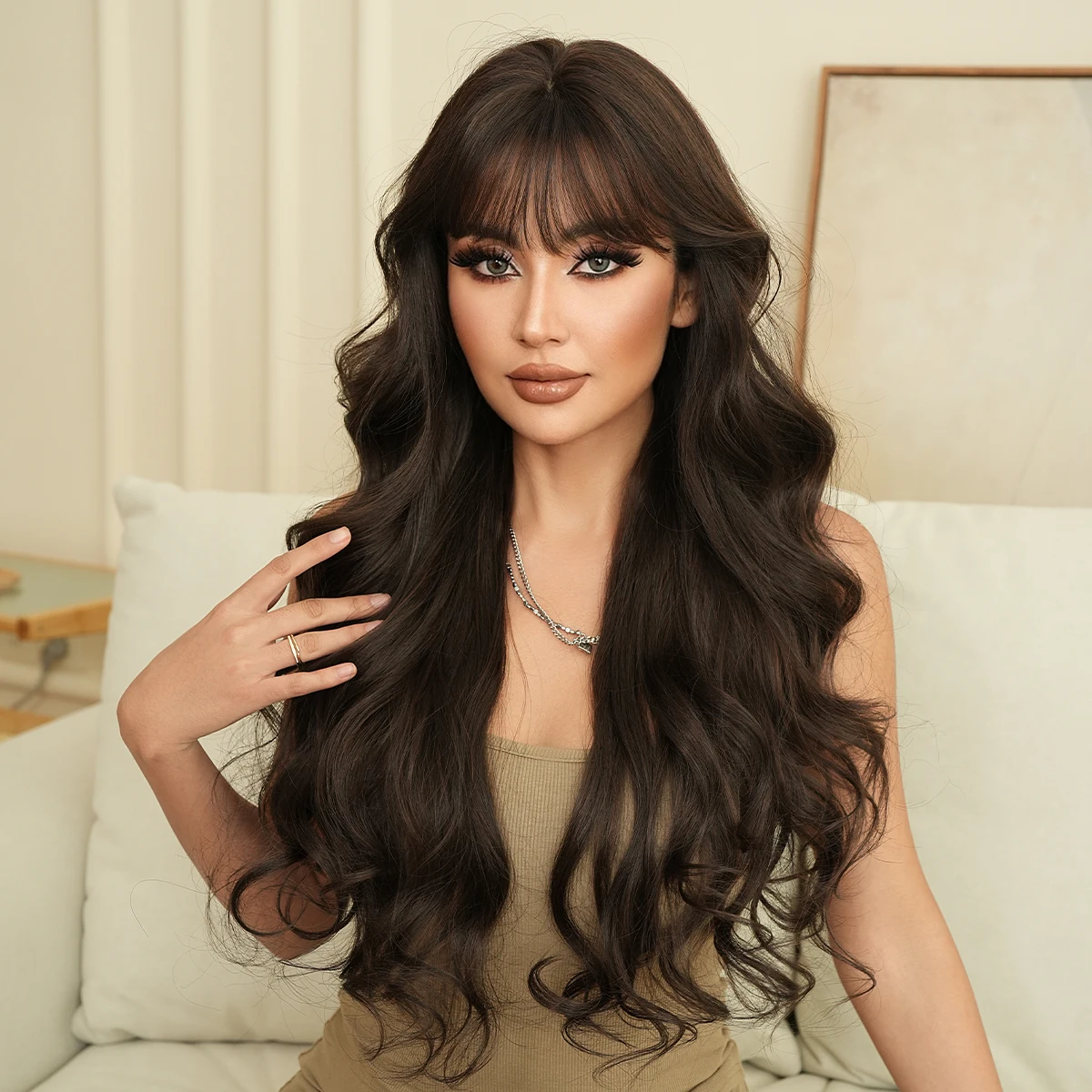 Long Body Wave Dark Brown Wig for Women Synthetic Heat-Resistant Modest Fashion Wear and Go Black Tea Wigs with Neat Bangs - view 2