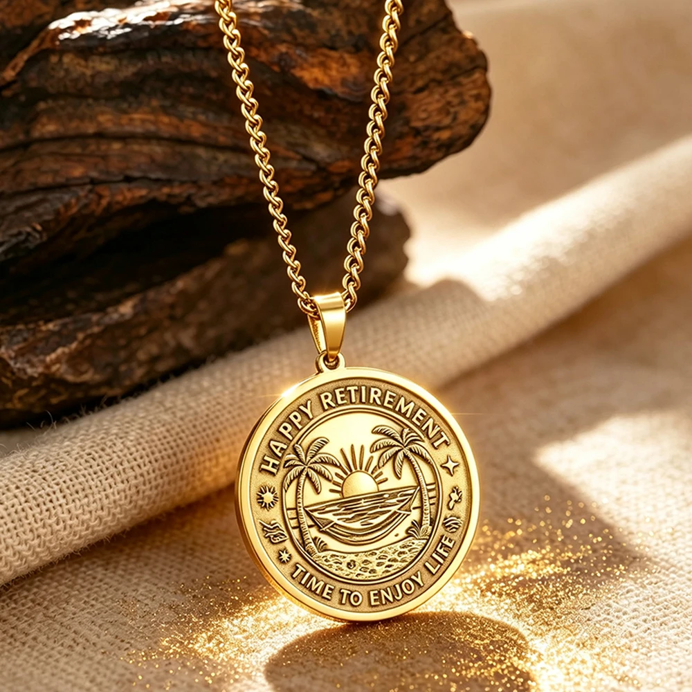 Happy Retirement Brass 3D Embossed Coin Pendant Necklace Beach Sunset Medallion Palm Tree Stainless Steel Chain Vintage Jewelry