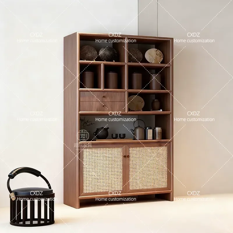 New Chinese Style Home Improvement Bogu Frame Tea Room Shelf Rattan Bookcase Wall Mounted Ornament Cabinet Display Cabinet