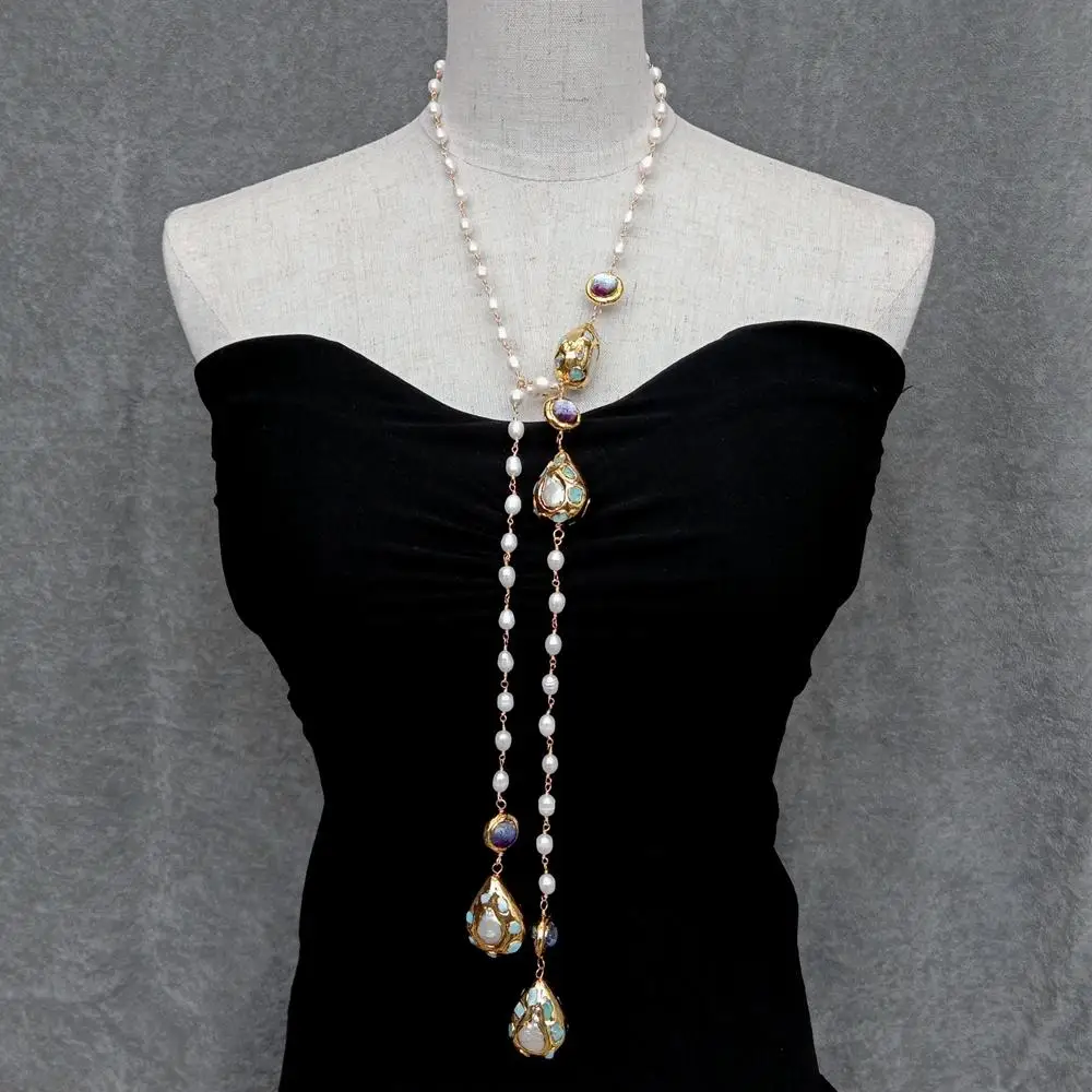 YYGEM 15mm larimar bead Cultured White Rice Pearl 15mm Purple Murano Glass Long Rosary Chain Necklace