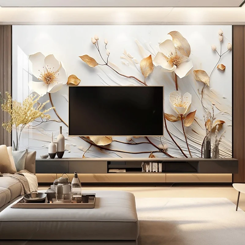 Custom Photo Wallpaper Modern White Flowers Gold Light Luxury Background Wall Mural Living Room TV Sofa Home Decor Classic Wall