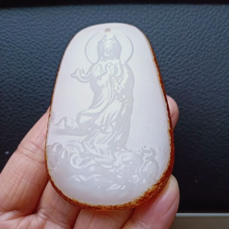 Natural Chinese White Jade with Leather Hand Carved Buddha Pendant Fashion Boutique Jewelry Men and Women Necklace Popular Gift