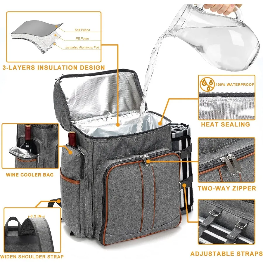 Picnic Backpack for 4 Picnic Basket Set Leakproof Picnic Bag Beach Cooler Backpack with Insulated Cooler Wine Pouch Picnic Blan