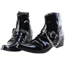 New Fashion Pointed Toe Men Black Ankle Boot Trending Buckle Patent Leather Chains Charm Party Show Zapatos Men's Loafers Casual