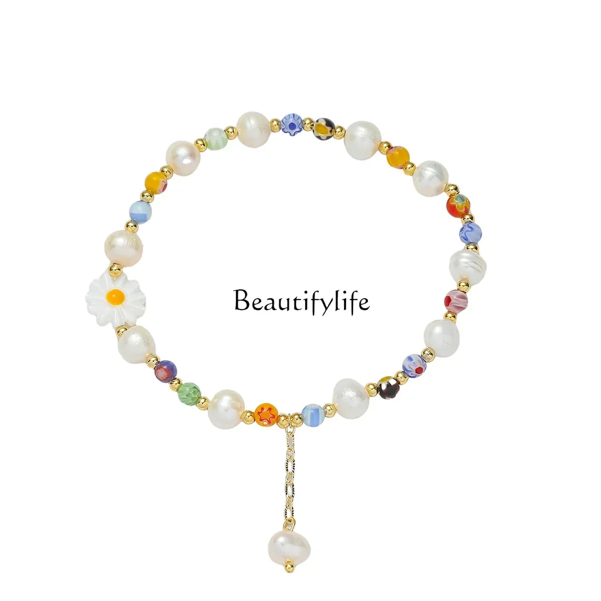 

Freshwater pearl glazed ball small daisy bracelet, woven colorful bracelet.