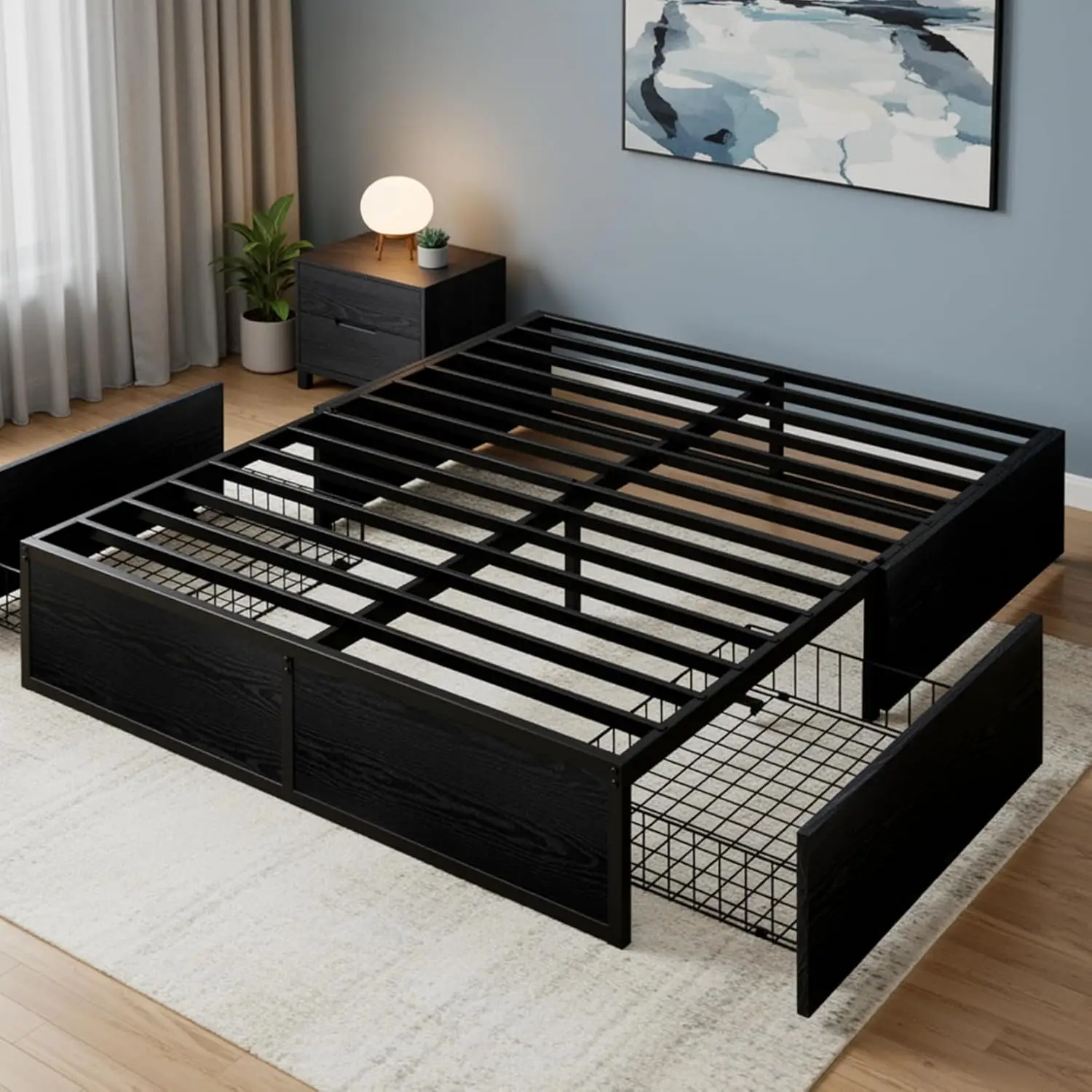 

Full Size Metal Bed Frame with 2 Storage Drawers, Heavy-Duty Steel Frame with MDF Wood Panels, Flexible Drawer Placement, Easy A