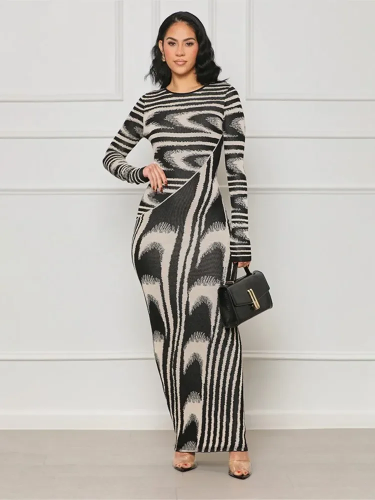 ชุดเดรสลายทางใหม่สำหรับฤดูใบไม้ร่วงและฤดูหนาว ทรงเข้ารูป แฟชั่นผู้หญิง คอทรงโอ แขนยาว สไตล์เรียบหรู เหมาะสำหรับใส่ไปทำงานหรือไปงานปาร์ตี้