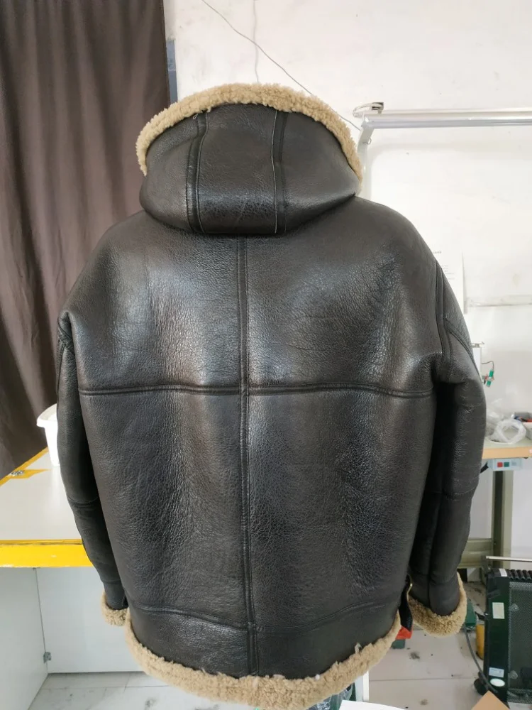 Real Fur Mens Thick Warm Lamb Wool Coat Sheepskin Brown Genuine Leather Jacket Men Hooded Shearling Coats 5XL