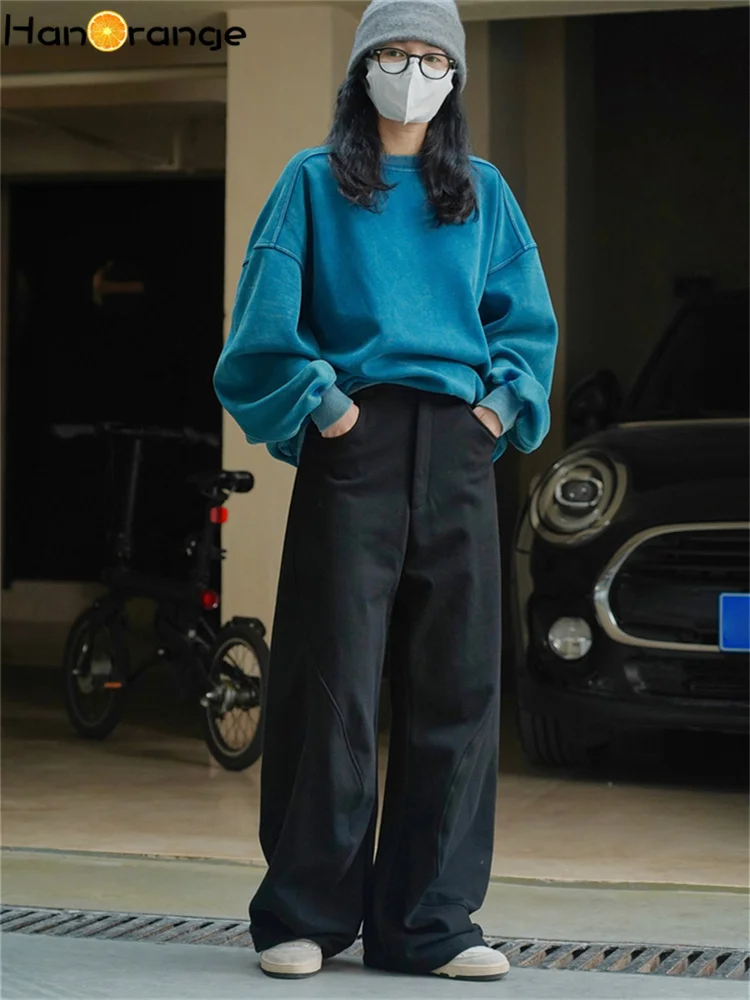 HanOrange 2024 Winter High Waist Wide Leg Casual Pants Loose and Thickened Knitted Three Dimensional Profile Pants