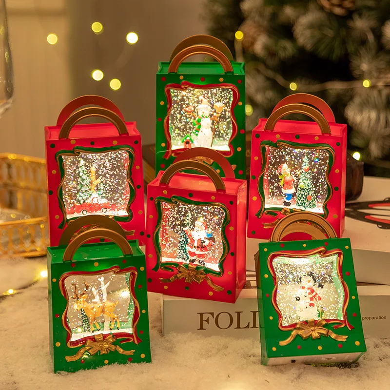 Christmas Snowflakes Gift Boxes Crystal Ornament Small Tote Bag Decoration Snowmen Elk Statues Festive Atmosphere Lights