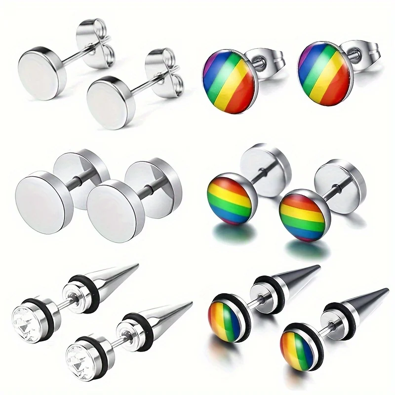 

12pcs Punk Fashion Style Silver & Rainbow Design Stainless Steel Cubic Zirconia Dumbell Screw Stud Earring Set for Men Women