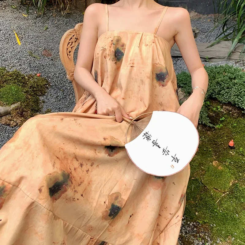 

2023 New In Elegant Korean Robe Fashional Midi Sexy Floral Strappy Dresses Long Summer Loose Retro Beach Clothing for Women