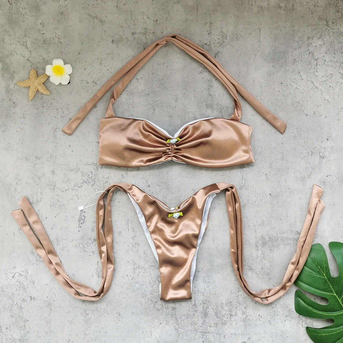 Fashion Floral Applique Frill Biquini Women Separate Swimsuit Vintage Lady Bandage Bikini Swimwear Mujer Low Waist Bathing Suit