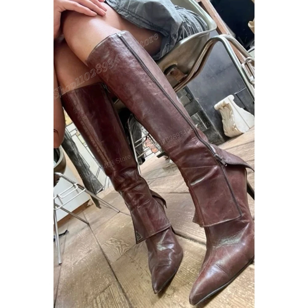 Botas de salto alto vermelho vinho para mulheres, dedo apontado, botas altas no joelho, design de zíper, moda sexy, verão, 2024