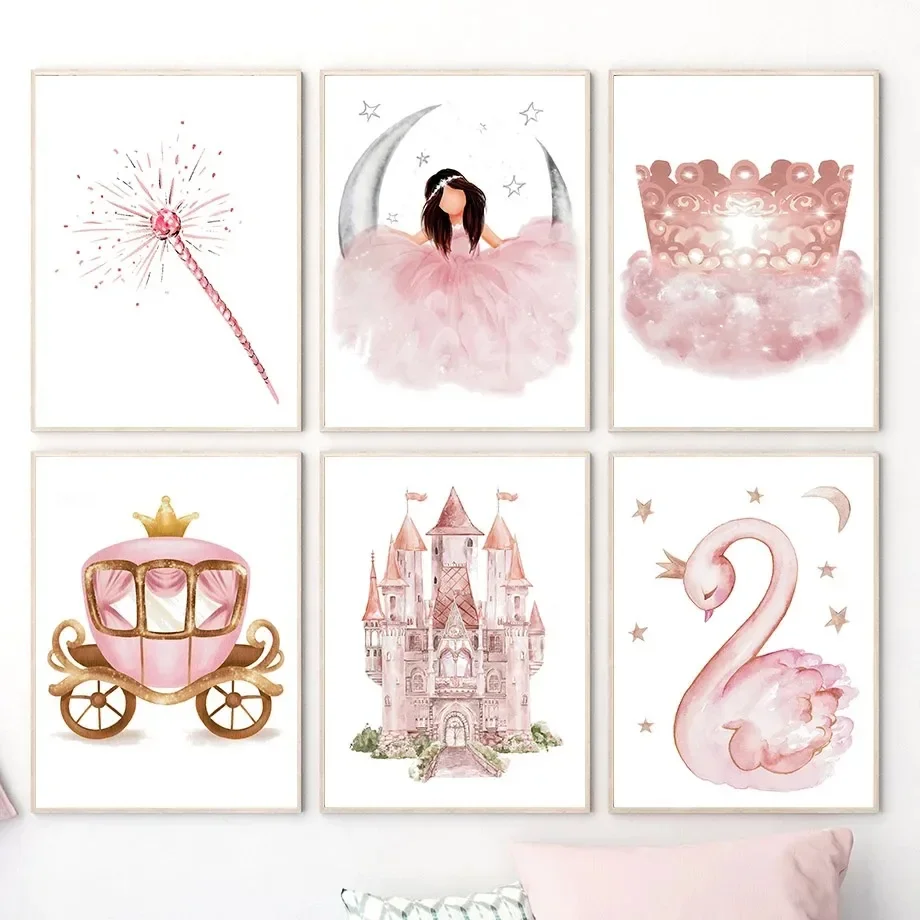 Canvas Painting Wall Art Print Pictures Cartoon Pink Swan Castle Crown Princess Baby Nursery Posters Kids Girls Room Home Dec
