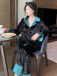 Luxury velvet Patchwork Pajamas set Long Sleeve Cardigan Pants Women Autumn Winter Homewear Sleepwear Two pieces Black Nightwear