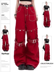 ADAgirl Red Baggy Cargo Pants for Women Y2k Hip Hop Vintage Goth Hippie Removable Wide Leg Denim Pants Streetwear Casual Bottoms