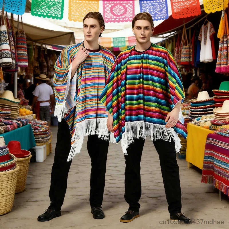 

Mexican Holiday Party Adult Unisex Cosplay Costume National Style Ethnic Stripe Colorful Cape Mexican-Style Tassels Shawl