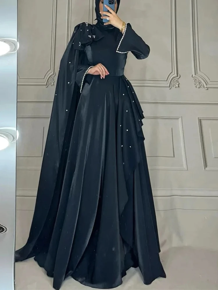 فستان سهرة عربي مخصص متواضع برقبة عالية وأكمام طويلة وكشكشة لؤلؤية على شكل حرف A فساتين حفلة موسيقية جودة عالية