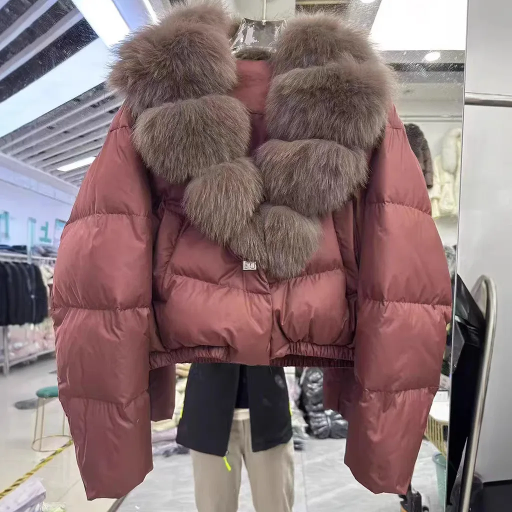 

Large Natural Fox Fur Collar 90% White Duck Down Jacket Women Winter Short Waterproof PU Puffer Coat Female Thick Parkas