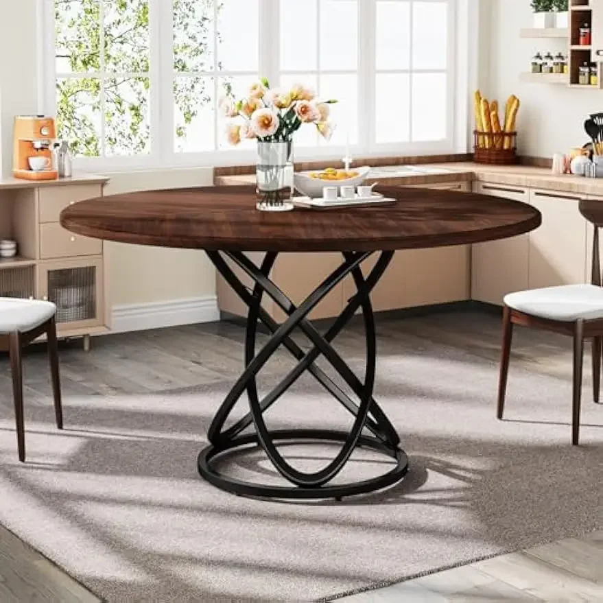 Round Dining Table for 4-6 People, 47 Inch Dinner Table Circle Kitchen with Metal Base, Wood Dining Room
