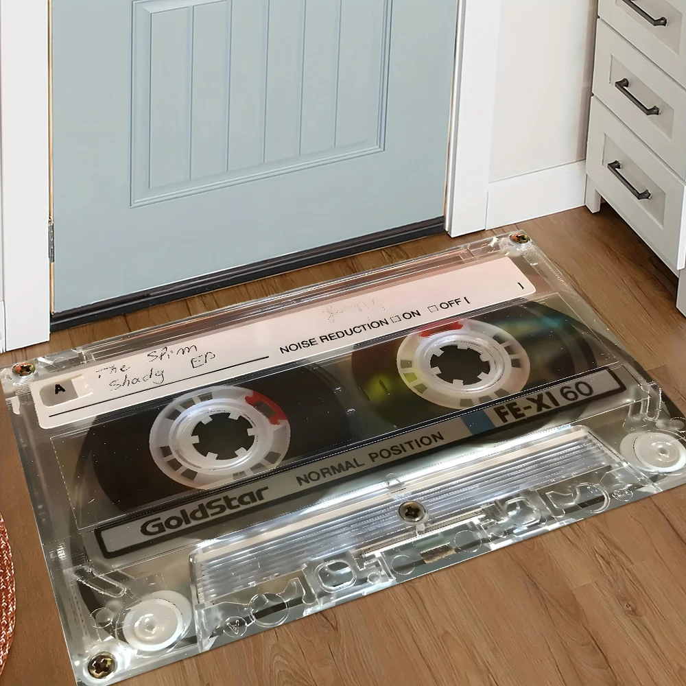 Vintage 80s Cassette Tape Doormat Music Theme Non-Slip Floor Mat Easy Clean Entryway Decor Home Studio Music Lover Area Rug