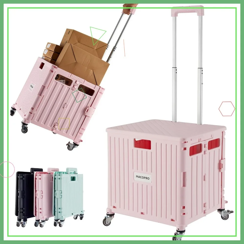 Chariot roulant pliable à 4 roues avec couvercle, chariot de courses pliable pour épicerie, bureau, voyage, rose