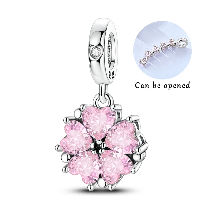 925 Sterling Silber Charms Perle CZ Zirkon Rosa Pfirsichblüte Magnetischer Anhänger Passend für Original Armband DIY Damen Schmuck Geschenk