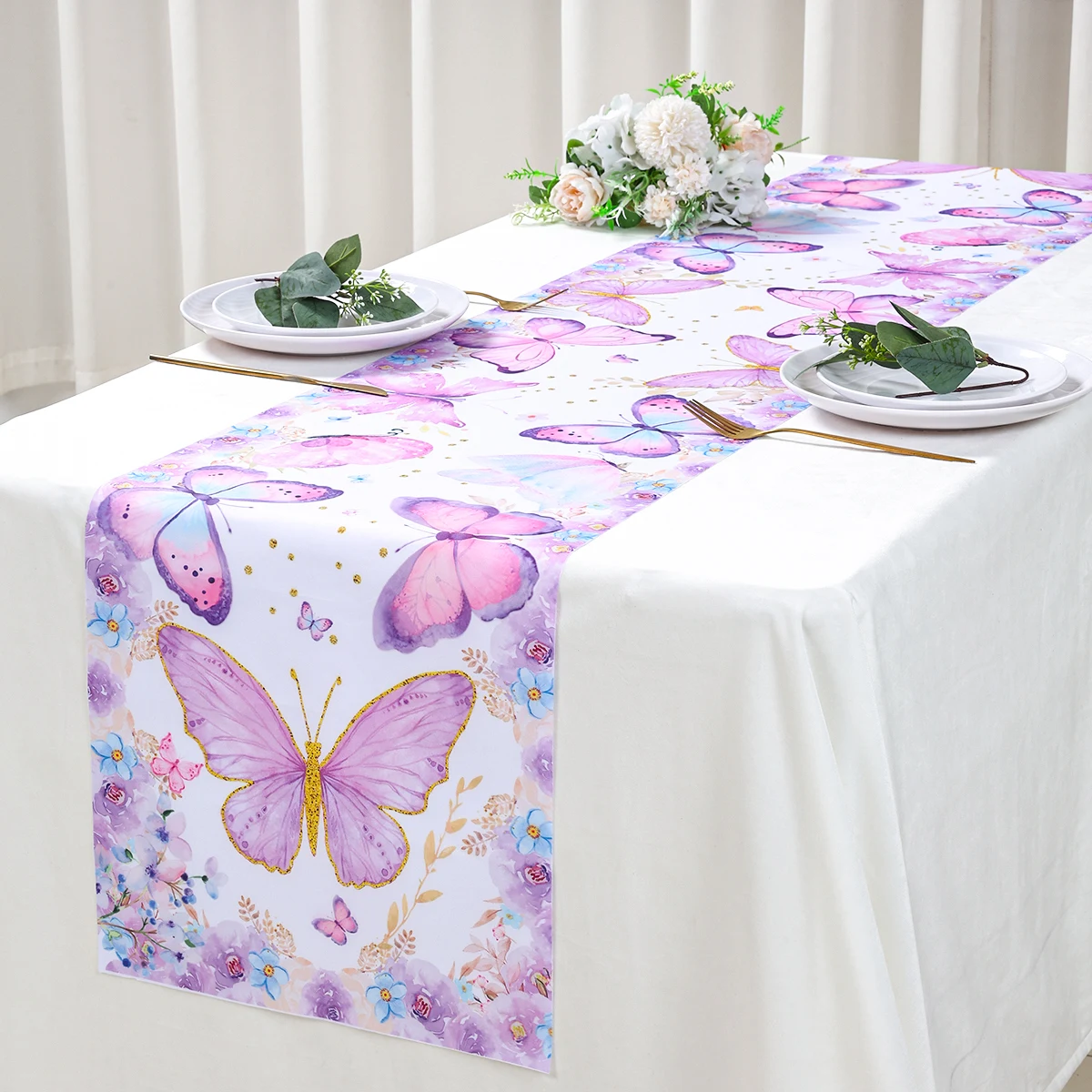 Purple Butterfly Polyester Table Runner For Birthday Party Decor Kids Wedding Birthday Party Supplies Home Holiday Table Decor