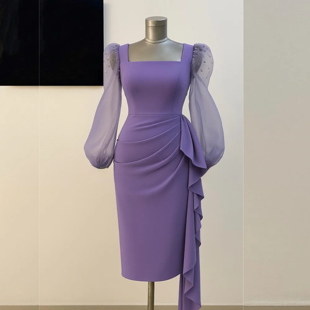 

Customized Jersey Pleat Square Neck Straight Midi Dresses Bespoke Occasion High Quality Party Gown For Women Evening