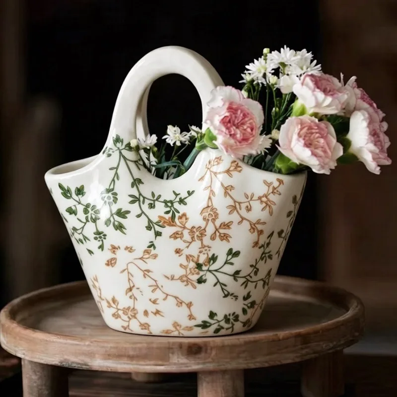Ceramic Vase Handbag Bag Aesthetic Vases Handmade Dried Flowers Arrangement Container Elegant Desktop Flowerpot Ornaments