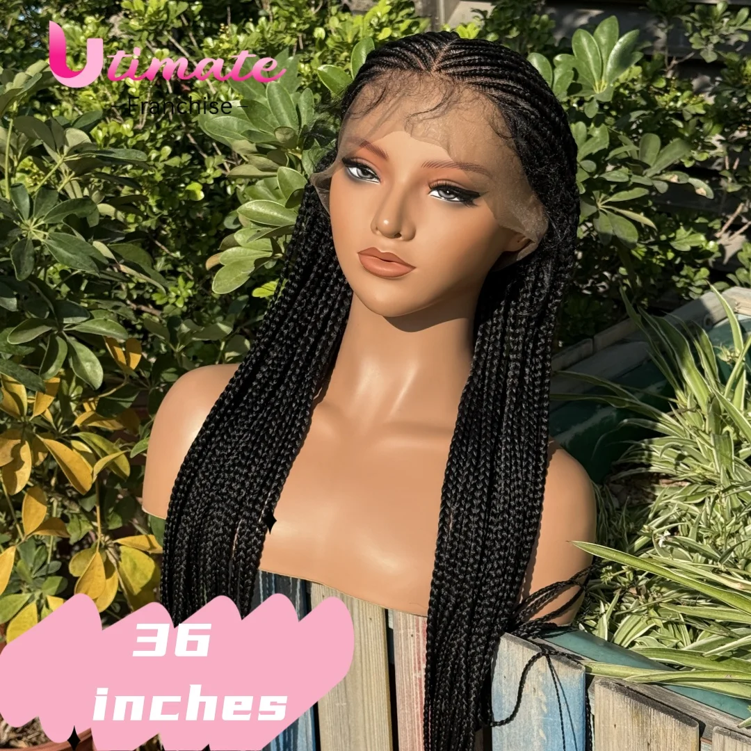 Perucas Trançadas Sem Nó, Tranças Fulani Sintéticas de 36 Polegadas, Peruca de Renda Completa Transparente com Cabelo de Bebê para Mulheres Negras