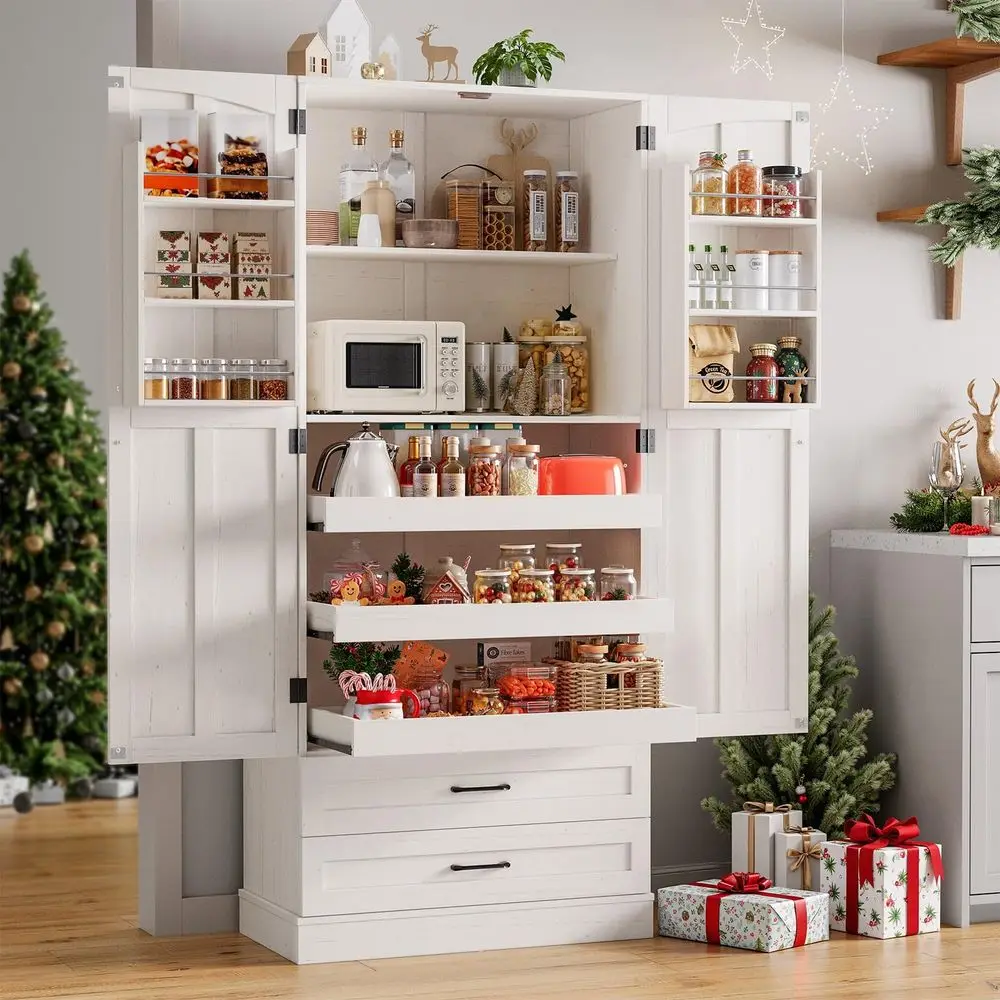 71 Kitchen Pantry Cabinet, 3 PullOut Shelf amp 2 Drawer, OffWhite