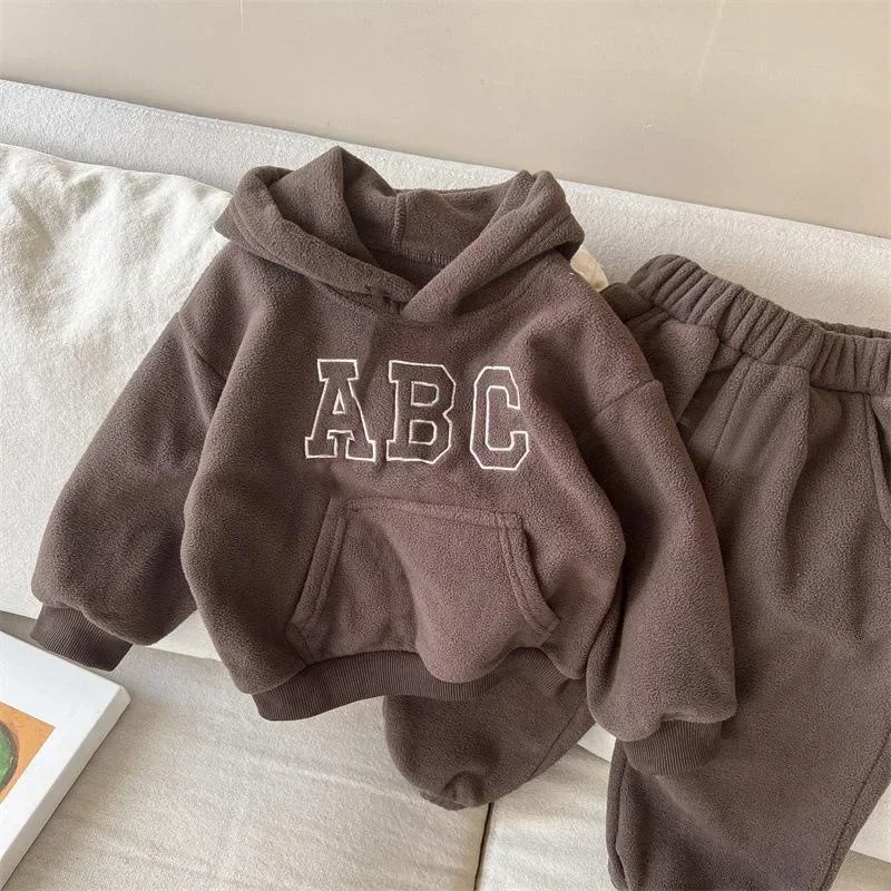 2024 Winter New Baby Long Sleeve Warm Clothes Set Children Fleece Sweatshirt + Pants 2pcs Suit Plus Velvet Thick Toddler Outfits