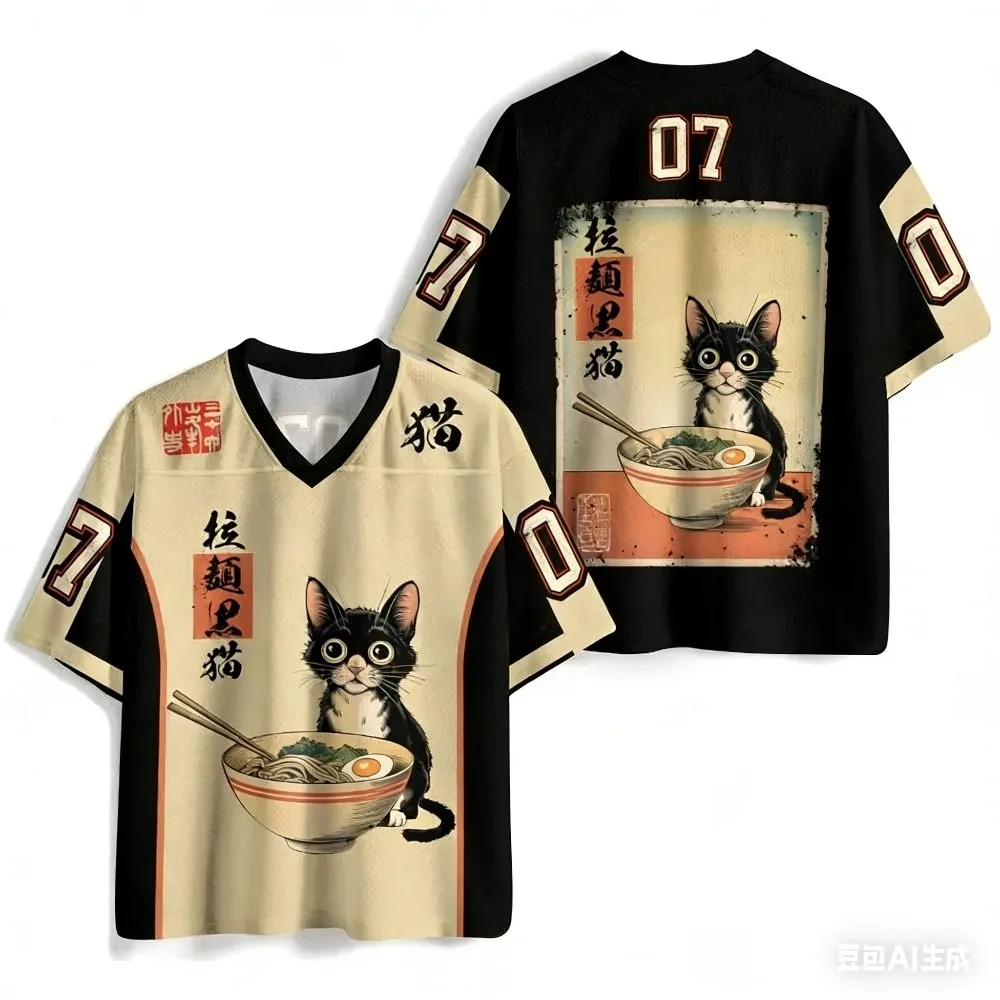 Summer-style Japanese cats3D Print Out Sports Quick-Dry Breathable Men V-Neck T-Shirt Outdoor Fashion Y2K parent-child Clothing