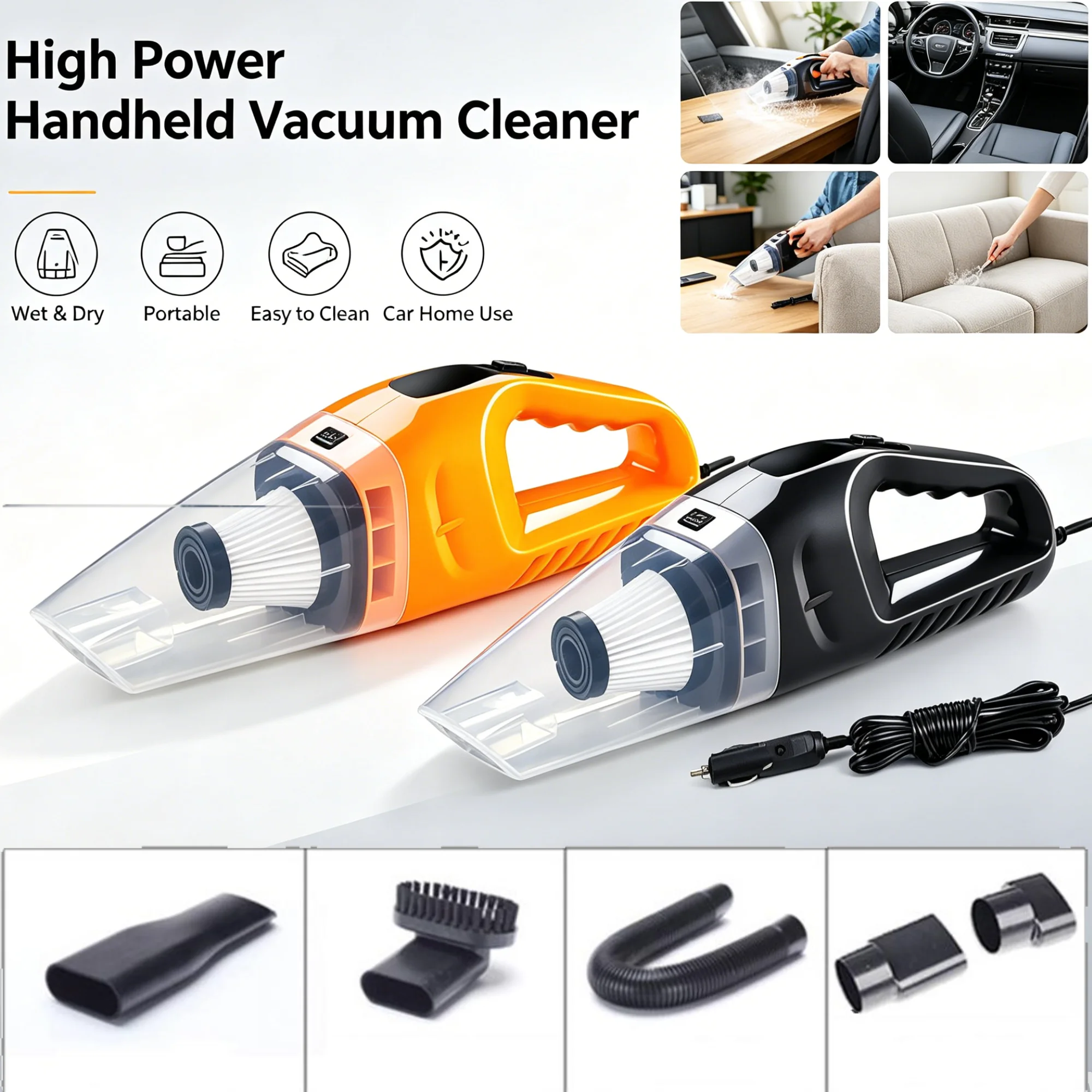 Aspirador de Pó Portátil para Carro 12V de Alta Potência, Uso Úmido e Seco, Coletor de Poeira Mini com Acessórios Completos
