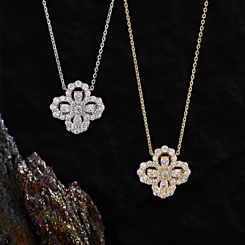 

S925 Silver Four Leaf Grass Diamond Necklace Full D Moissanite Adjustable Chain Wedding Engagement Party Women Birthday Gift