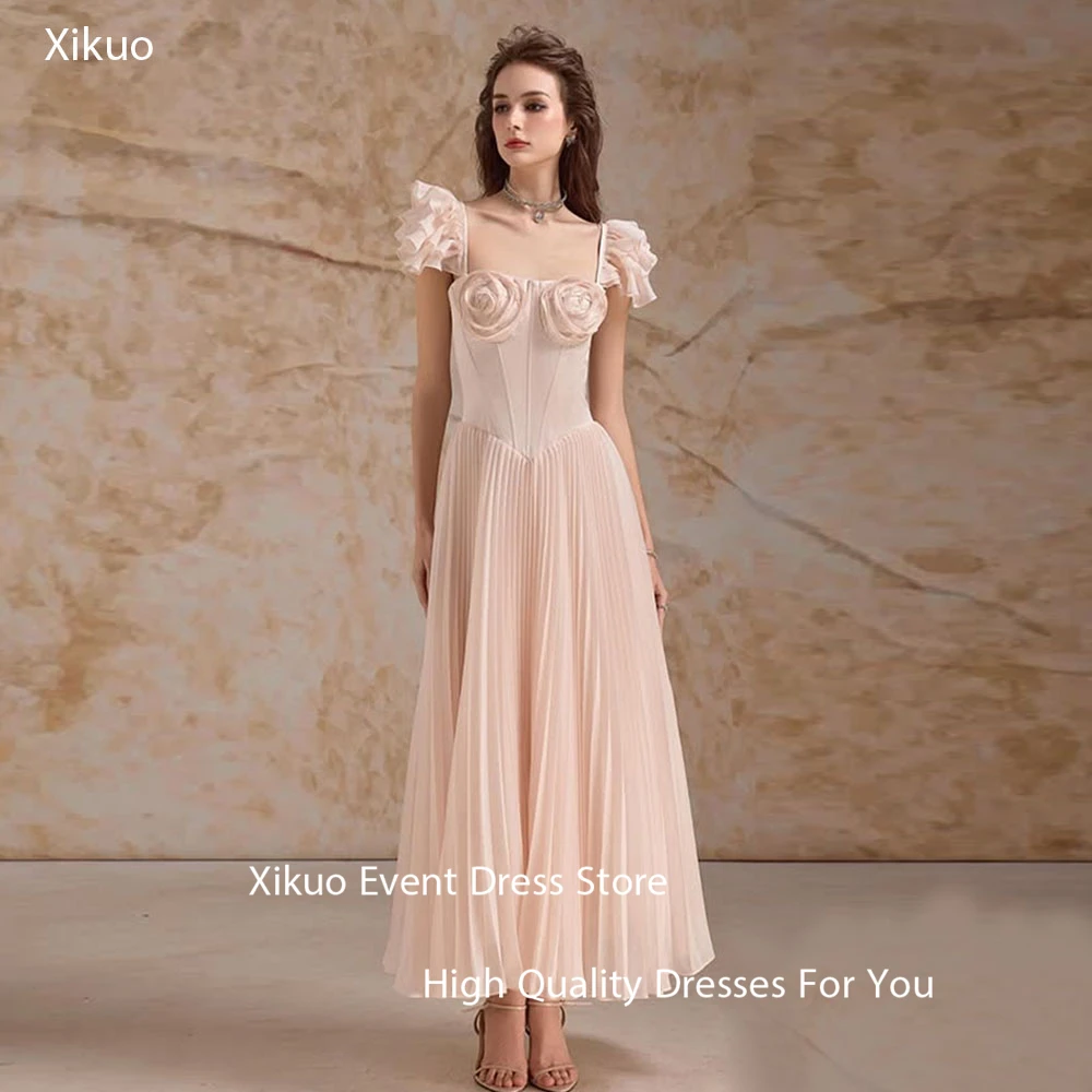 

Xikuo Fairy Pink Chiffon Evening Gowns A Line Square Neck Sukienki Wieczorowe Damskie Princess Pleated Party Dresses Customized