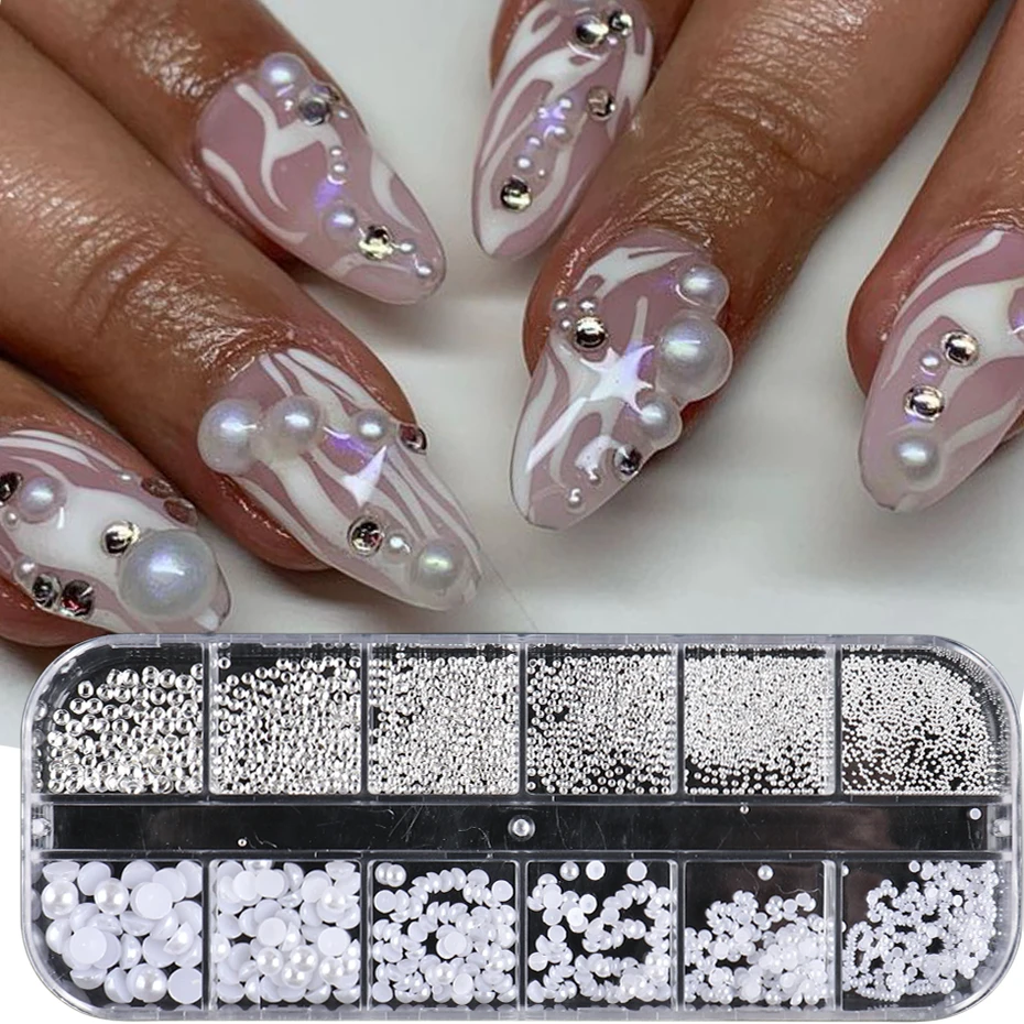 1Box 3d Perlen weißen Nagel Flatback Perlen Strass Mix Größen Nagels pitzen Schönheit Nail Art Dekoration für DIY Maniküre Nagel Charms