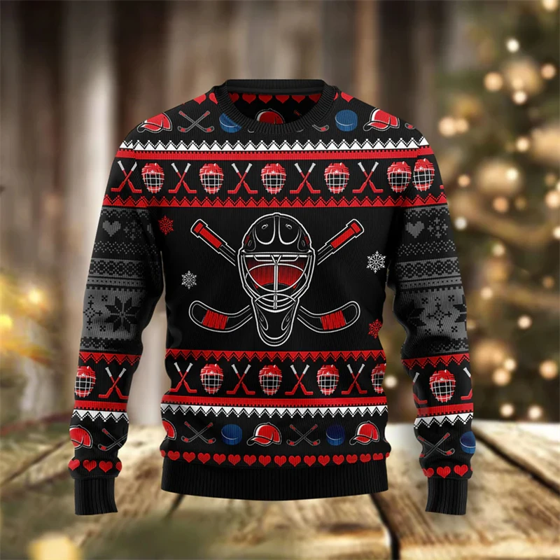 

Fashion Hockey Graphic Ugly Christmas Sweater For Men Trendy Streetwear 3D Printed Xmas Sweatshirts Loose Breathable Sports Tops