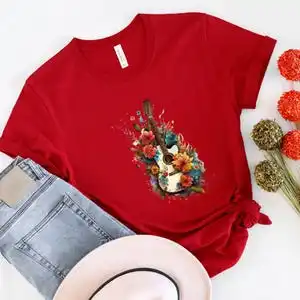 เสื้อยืดลายกีตาร์สีน้ำ ลายดอกไม้ สำหรับคนรักดนตรี สไตล์ฮาราจูกุ แขนสั้น เสื้อยืดลำลอง เสื้อผ้าแนวสตรีท เสื้อสวยสไตล์อีเธอร์นิค
