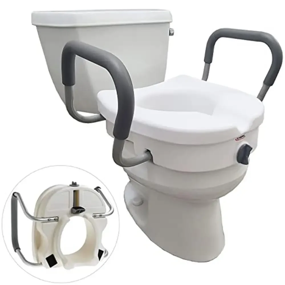 Locking Raised Toilet Seat with Padded Handles 5-Inch Riser Elderly Handicap Easy Install