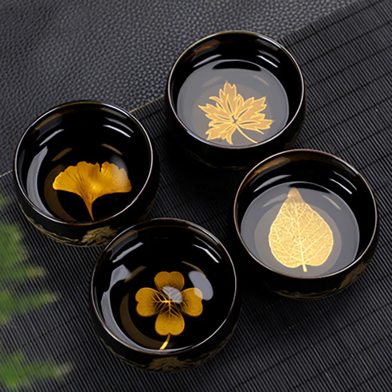 

Jianzhan Golden Leaf Teacups Hand Made Ceramic Tea Cup Chinese Kung Fu Tea Ceremony Teaware Drinkware Gift