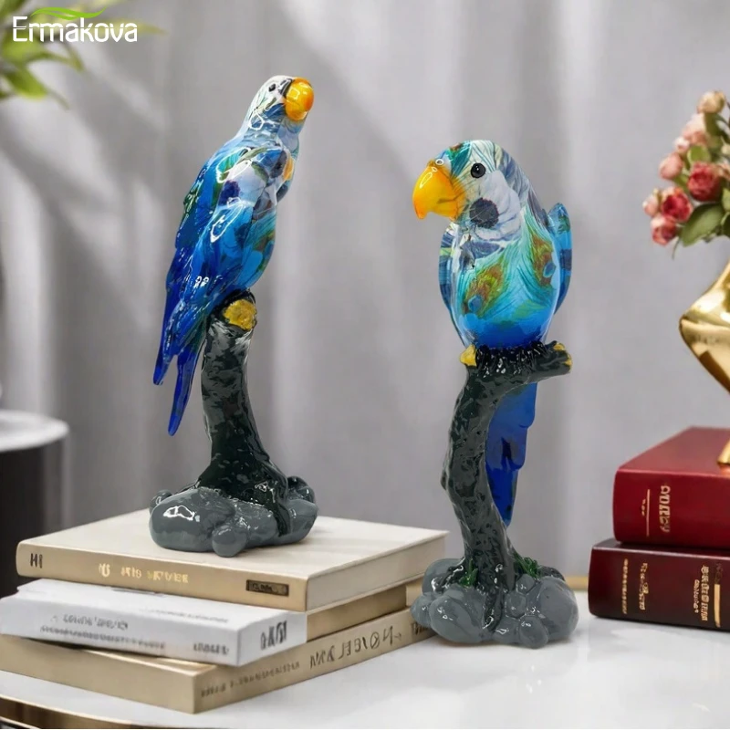 ERMAKOVA  Animal Bird Figurine Parrot Sculpture Creative Resin Crafts Home Living Room Office Table Decoration